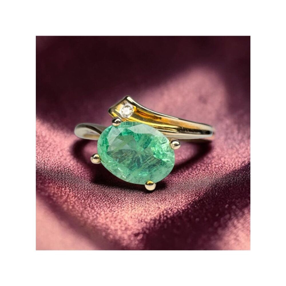 10K Gold- Natural Colombian Emerald & Diamond Ring -Size 8 -1ct Bypass Ring 2.2g - Picture 16 of 16